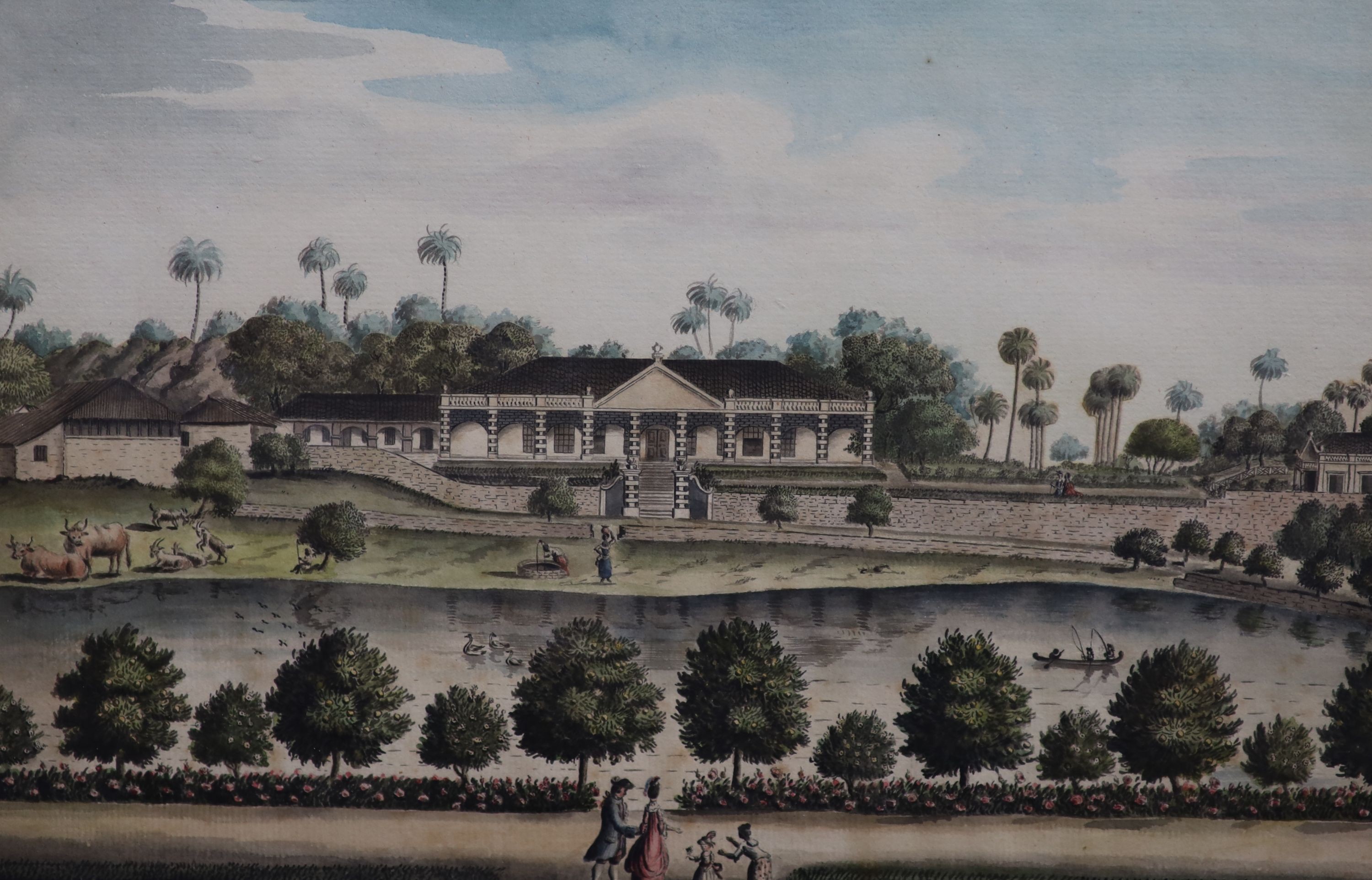 James Forbes (1749-1819), The Retreat, Mr Hunter's Villa near Bombay, with a group of four people in the foreground, watercolour, 18.5 x 28.5cm